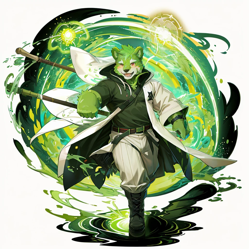 anthro, kemono, male, solo, (((green bear))), (((green fur))), green hair, red eyes, beard, white eyebrows, sexy, blush, wink, white background,  mage staff, magic, (black t-shirt inside), (((white unhooded trench coat ))), gray trousers, military boots, full body, splash art, 