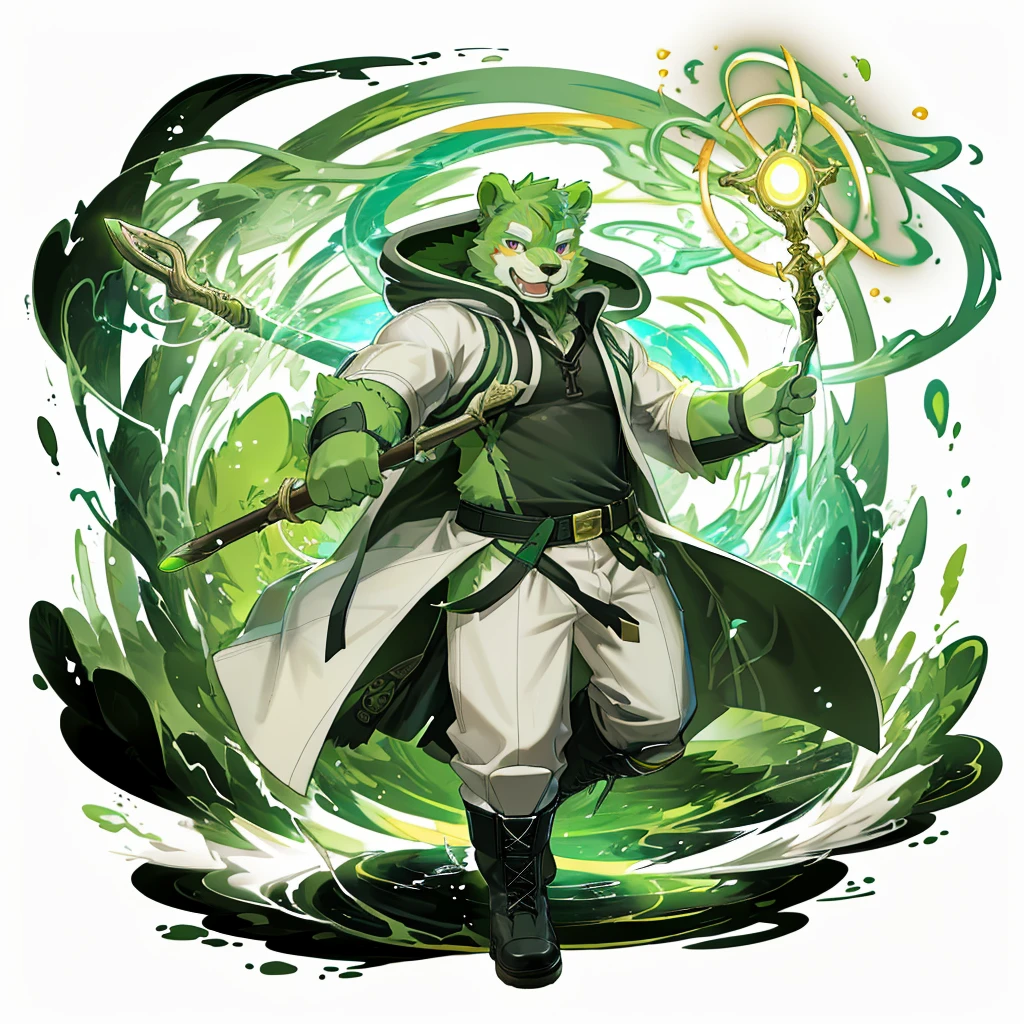 anthro, kemono, male, solo, (((green bear))), (((green fur))), green hair, red eyes, beard, white eyebrows, sexy, blush, wink, white background, mage staff, magic, (black t-shirt inside), (((white unhooded trench coat ))), gray trousers, military boots, full body, splash art,