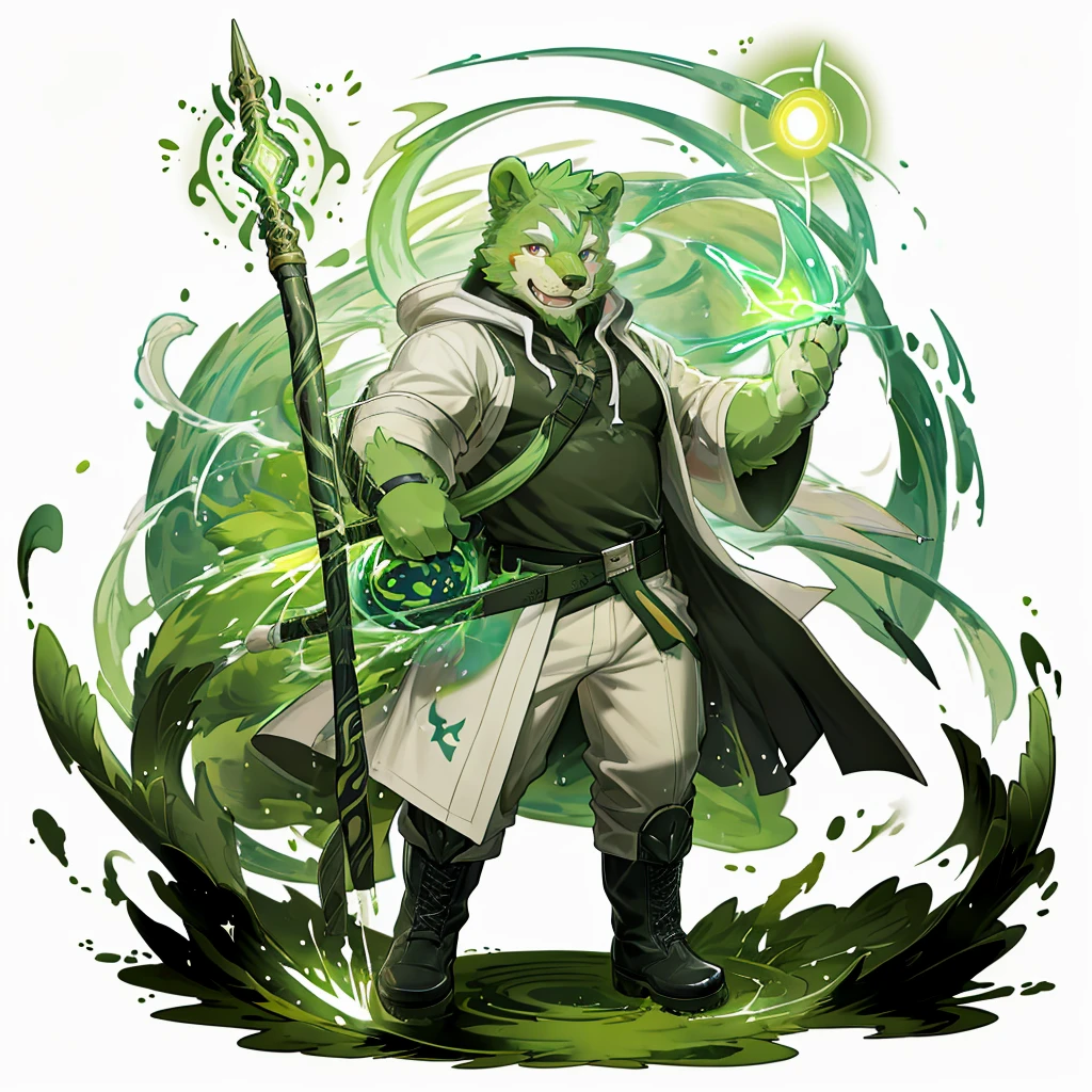 anthro, kemono, male, solo, (((green bear))), (((green fur))), green hair, red eyes, beard, white eyebrows, sexy, blush, wink, white background, mage staff, magic, (black t-shirt inside), (((white unhooded trench coat ))), gray trousers, military boots, full body, splash art,