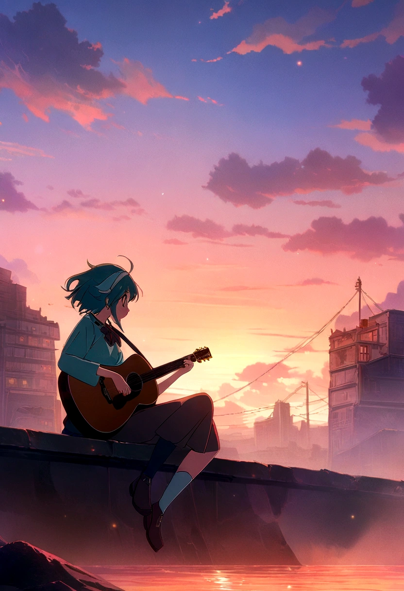 Anime boy sitting on the shelf and playing guitar at sunset, Anime Art Wallpapers 8K, anime art wallpaper 4k, anime art wallpaper 4k, Anime Style 4K, anime wallpaper 4k, anime wallpaper 4k, anime wallpaper 4k, Manga Wallpaper, 4K Wallpaper, Makoto Shinkai Cyril Roland, Girl playing guitar, Lo-fi Girl