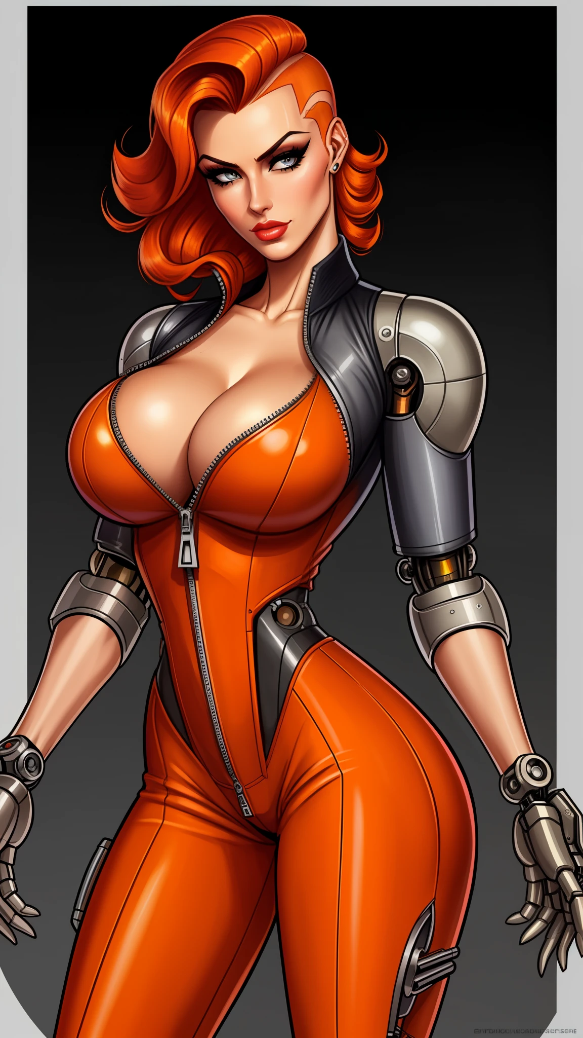 Femme Fatale, gorgeous mechanic, atompunk, blank background, retro-futurism, mechanical hand, cybernetic augments, unzipped orange jumpsuit, gunmetal grey, cleavage, half shaved head, ginger hair, extra
