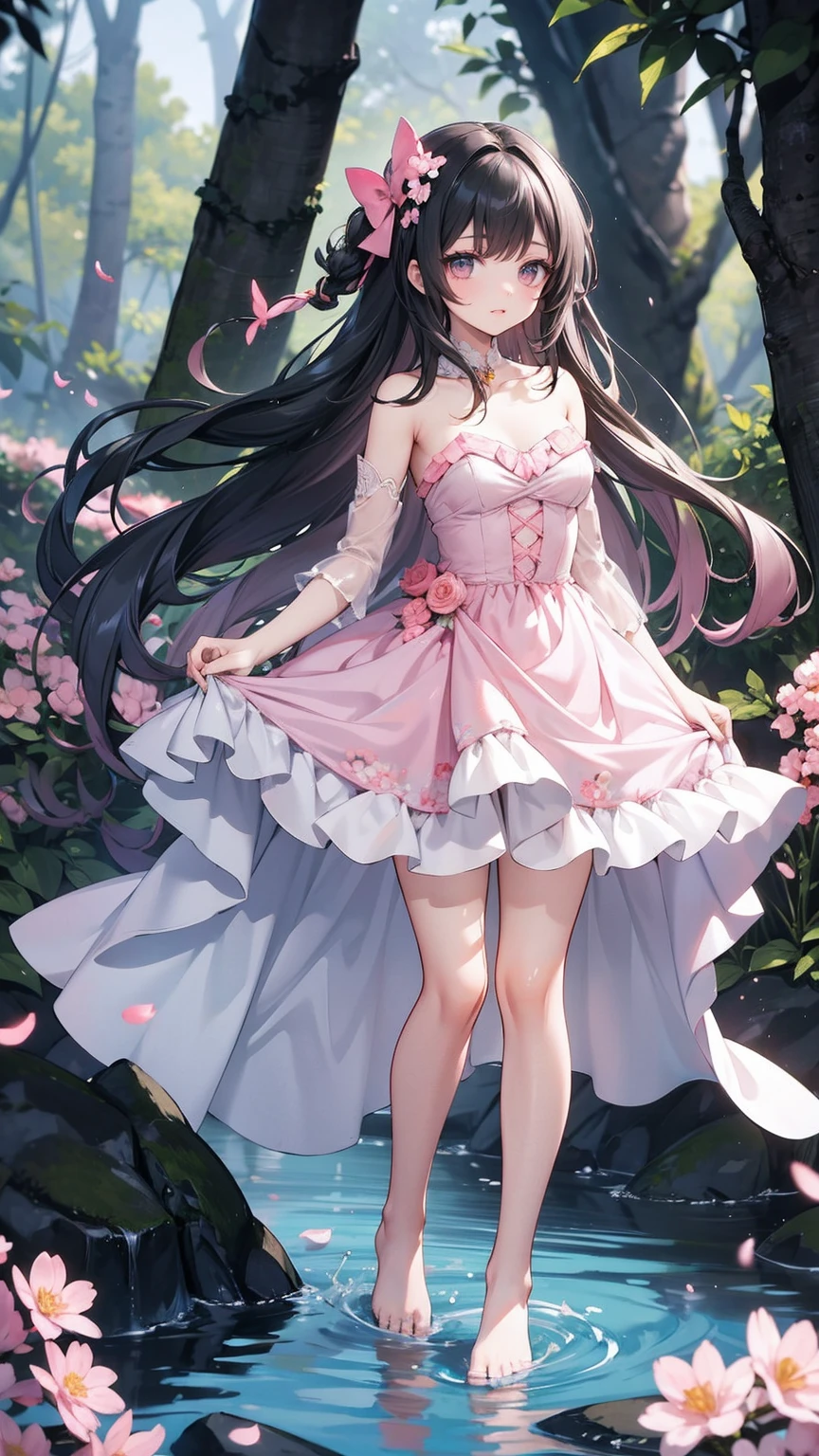 (Pink strapless dress :1.5), silver Long hair, black _ hair band, X-shaped _ eyebrows, hair band, POE _ Hair, bangs, bare shoulders, full body shot, black stockings, (Peach Blossom Forest:1.3)，Creek，Bare feet，soaking feet，