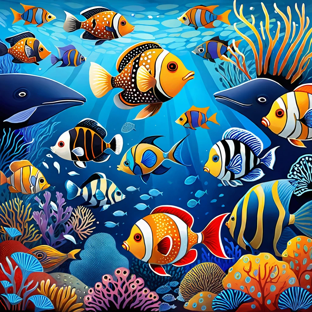 Tropical fish, puffer fish, angel fish,emperor fish, clown fish, porcupine fish, harlequin fish, trigger fish, whales, stylized
Naive art style, lowbrow art. warm and cold colors skillfully dosed to recreate an evocative atmosphere. Seascape background, surreal aquarium.