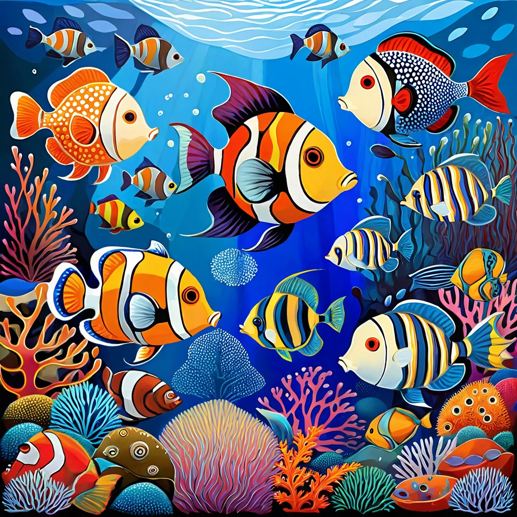 Tropical fish, puffer fish, angel fish,emperor fish, clown fish, porcupine fish, harlequin fish, trigger fish, whales, stylized
Naive art style, lowbrow art. warm and cold colors skillfully dosed to recreate an evocative atmosphere. Seascape background, surreal aquarium.