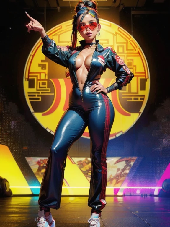Workwear jumpsuit、Costume with glowing linesを着た女性, cyber punk, Punk Rock, Mosh Pit, (Highest quality,4K,8K,High resolution,masterpiece:1.2),Live Stage、Costume with glowing lines、Large sunglasses,Punkish hairstyle
