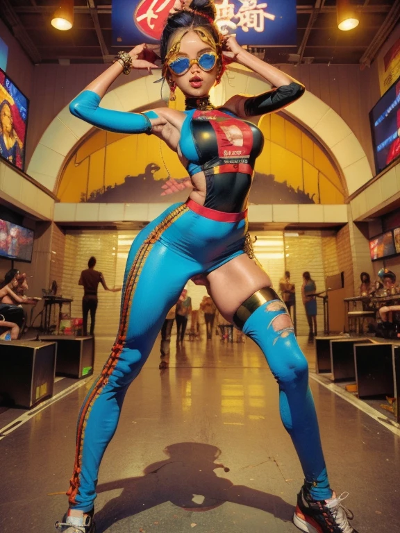 Workwear jumpsuit、Costume with glowing linesを着た女性, cyber punk, Punk Rock, Mosh Pit, (Highest quality,4K,8K,High resolution,masterpiece:1.2),Live Stage、Costume with glowing lines、Large sunglasses,Punkish hairstyle
