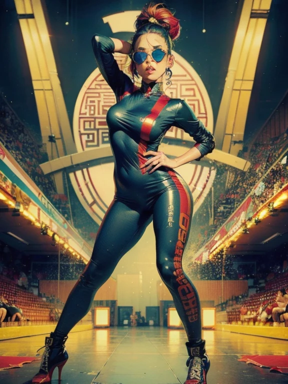 Workwear jumpsuit、Costume with glowing linesを着た女性, cyber punk, Punk Rock, Mosh Pit, (Highest quality,4K,8K,High resolution,masterpiece:1.2),Live Stage、Costume with glowing lines、Large sunglasses,Punkish hairstyle
