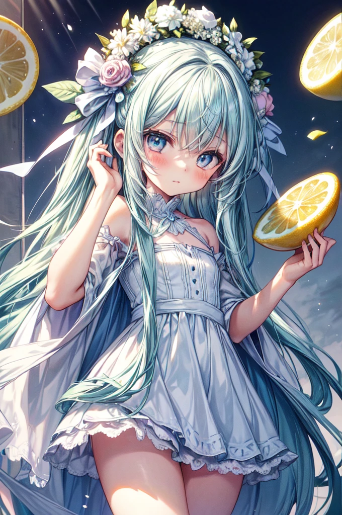masterpiece, best quality, extremely detailed, (illustration, official art:1.1),adorable loli face、 1 girl ,(((( light blue long hair)))),pale blue hair,loli, long hair ((blush)) , cute face, big eyes, masterpiece, best quality,(((((a very delicate and beautiful girl))))),Amazing,beautiful detailed eyes,blunt bangs((((little delicate girl)))),tareme(true beautiful:1.2), sense of depth,dynamic angle,,,, affectionate smile, (true beautiful:1.2),,(tiny 1girl model:1.2),)flat chest、，Wear a wreath of leaves on your head, Standing among slices of lemons and taking a photo, Splash, Cool and complicated, Hand holding a sliced lemon, Eat a slice, Eat a slice of lemon, displeased expression, Fun and lively characters, close( Perfect Anatomy ) Beautiful and extremely fine texture，detailed, bright, High-resolution, high-quality presentations with animation style
