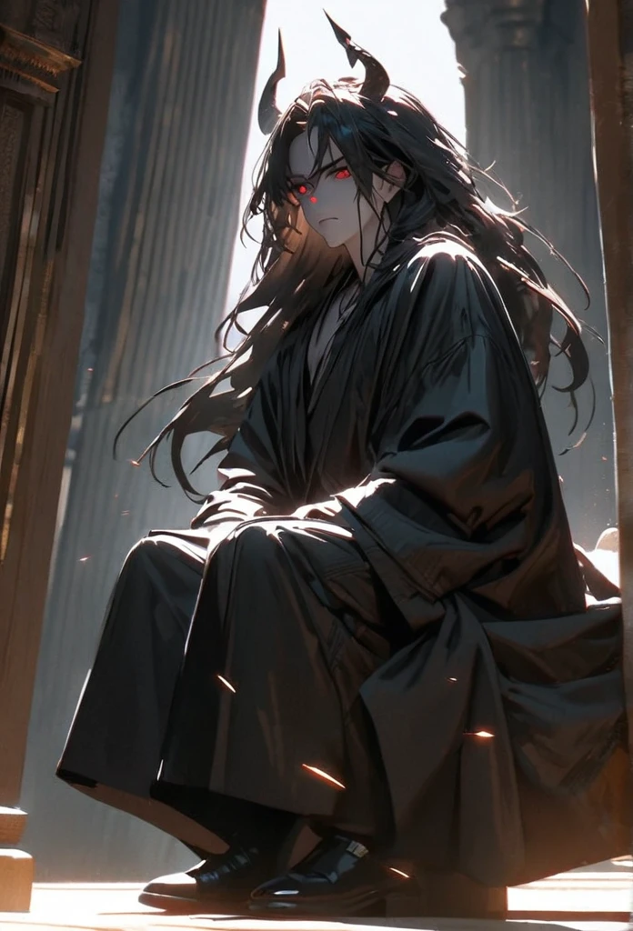 (solo), masculine, black hair, messy hair, mane hair, medium hair, dense hair, wild hair, expressive hair, mature,(25 year old), pale skin, red eyes, ((man)), wearing a black shirt, Black cloak, black demon horns,, serious, handsome, attractive, eye reflection, depth of field, thunder aura,cinematic lighting, ray tracing, depth of field, cinematic lighting, ray tracing, UHD, high details, best quality, highres, high quality, award winning, super detail, masterpiece, 8k, UHD, high details, best quality, highres, high quality, award winning, super detail, masterpiece, 8k, digital art, anime coloring, full body, body shot, good face, perfect face, detailed face, good eyes, sitting on a throne