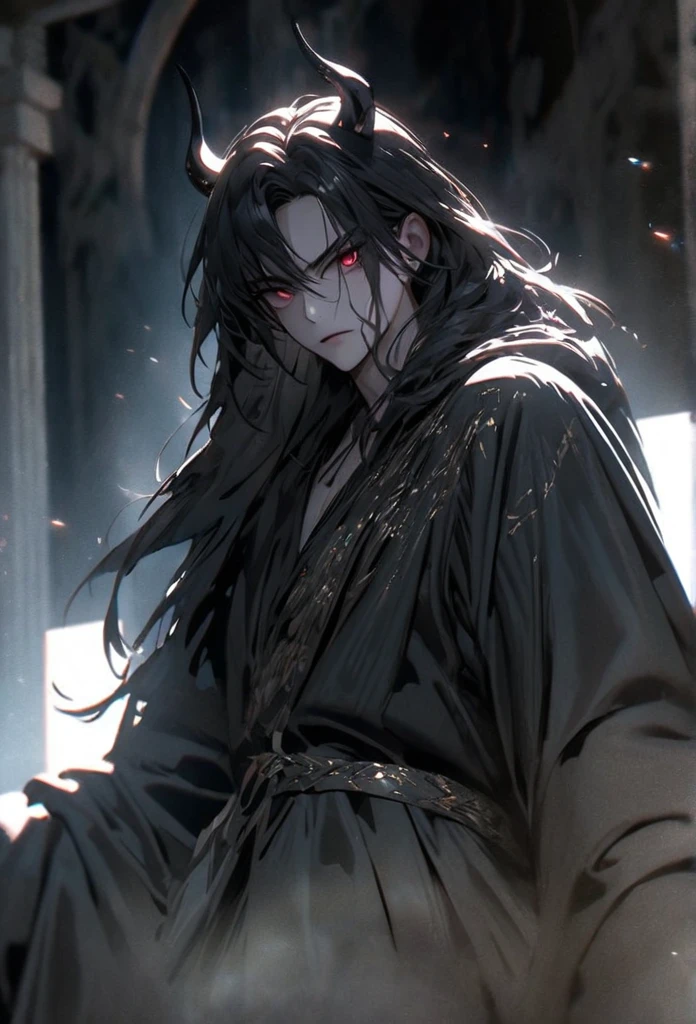 (solo), masculine, black hair, messy hair, mane hair, long hair, dense hair, wild hair, expressive hair, mature,(25 year old), pale skin, red eyes, ((man)), wearing a black robe, black demon horns,, serious, handsome, attractive, eye reflection, depth of field, thunder aura,cinematic lighting, ray tracing, depth of field, cinematic lighting, ray tracing, UHD, high details, best quality, highres, high quality, award winning, super detail, masterpiece, 8k, UHD, high details, best quality, highres, high quality, award winning, super detail, masterpiece, 8k, digital art, anime coloring, full body, body shot, good face, perfect face, detailed face, good eyes, sitting on a throne, in a throne room.