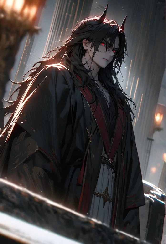 (solo), masculine, black hair, messy hair, mane hair, long hair, dense hair, wild hair, expressive hair, mature,(25 year old), pale skin, red eyes, ((man)), wearing a black robe, black demon horns,, serious, handsome, attractive, eye reflection, depth of field, thunder aura,cinematic lighting, ray tracing, depth of field, cinematic lighting, ray tracing, UHD, high details, best quality, highres, high quality, award winning, super detail, masterpiece, 8k, UHD, high details, best quality, highres, high quality, award winning, super detail, masterpiece, 8k, digital art, anime coloring, full body, body shot, good face, perfect face, detailed face, good eyes, sitting on a throne, in a throne room.