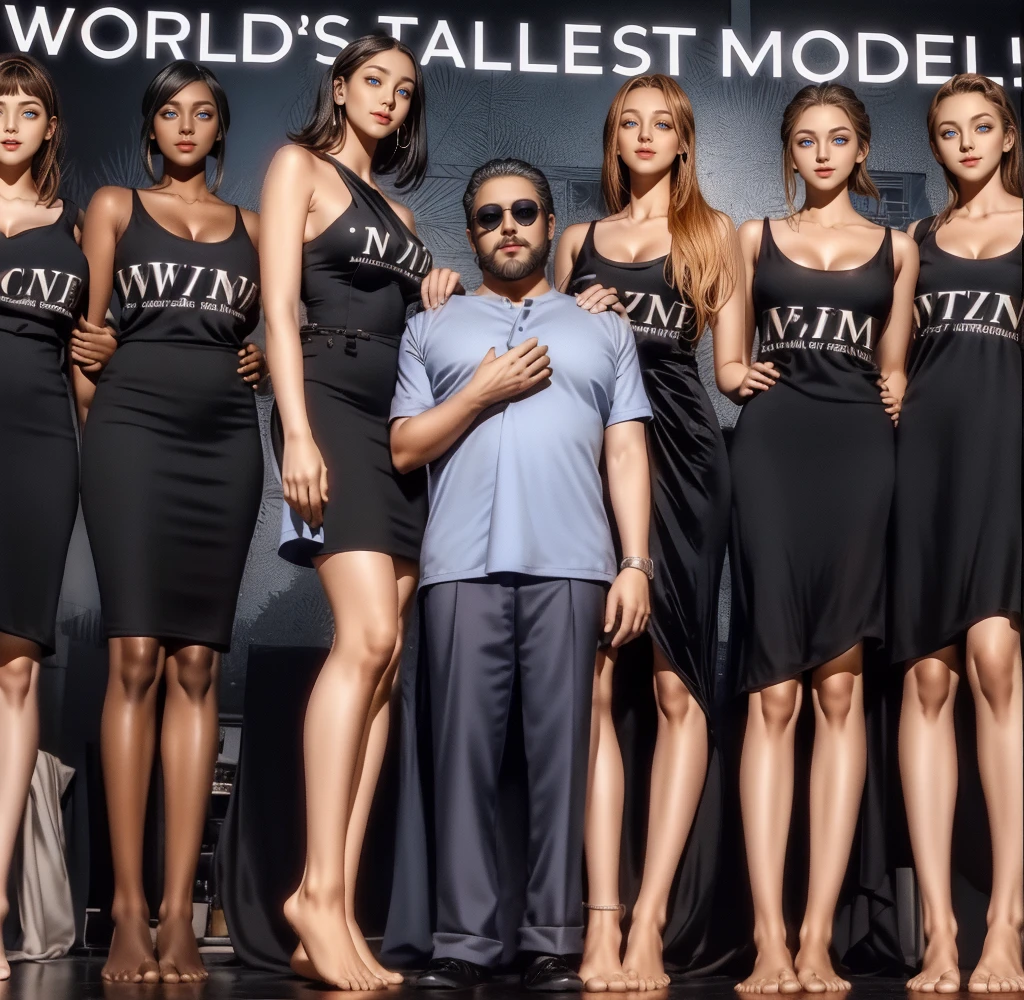 Three tall girls on the lfe left, three tall girls in the right, short man in the middle, the girls are much taller than the man, girls have big and cleavage, girls are wearing black, man is wearing blue shirt, girls are standing barefoot, man is wearing shoes,