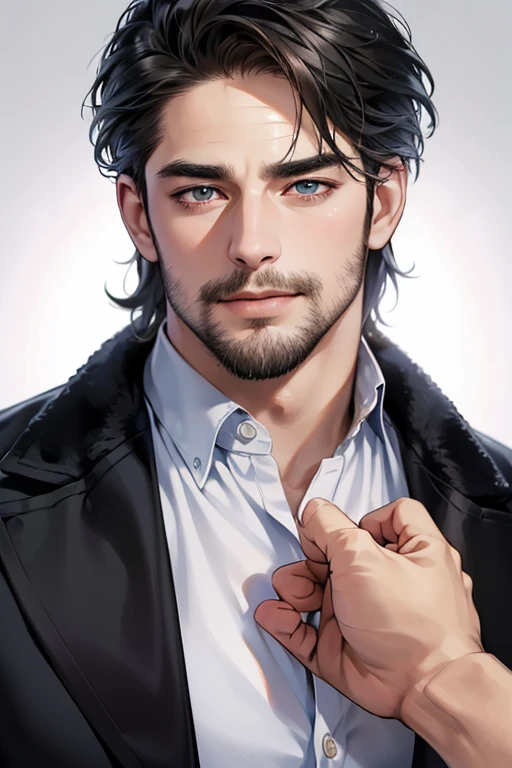 (best quality,4k,8k,highres,masterpiece:1.2),ultra-detailed,(realistic,photorealistic,photo-realistic:1.37),30 year old man,3 day beard,handsome anime,portraits,strong,masculine,dark hair,sharp jawline,mesmerizing eyes,perfectly styled hair,cool anime outfit,confident expression,vibrant colors,dynamic lighting, CEO and expression smile in love.
