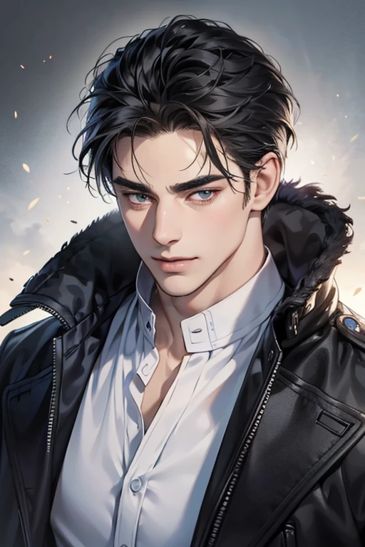 (best quality,4k,8k,highres,masterpiece:1.2),ultra-detailed,(realistic,photorealistic,photo-realistic:1.37),30 year old man,3 day beard,handsome anime,portraits,strong,masculine,dark hair,sharp jawline,mesmerizing eyes,perfectly styled hair,cool anime outfit,confident expression,vibrant colors,dynamic lighting, CEO and expression smile in love.