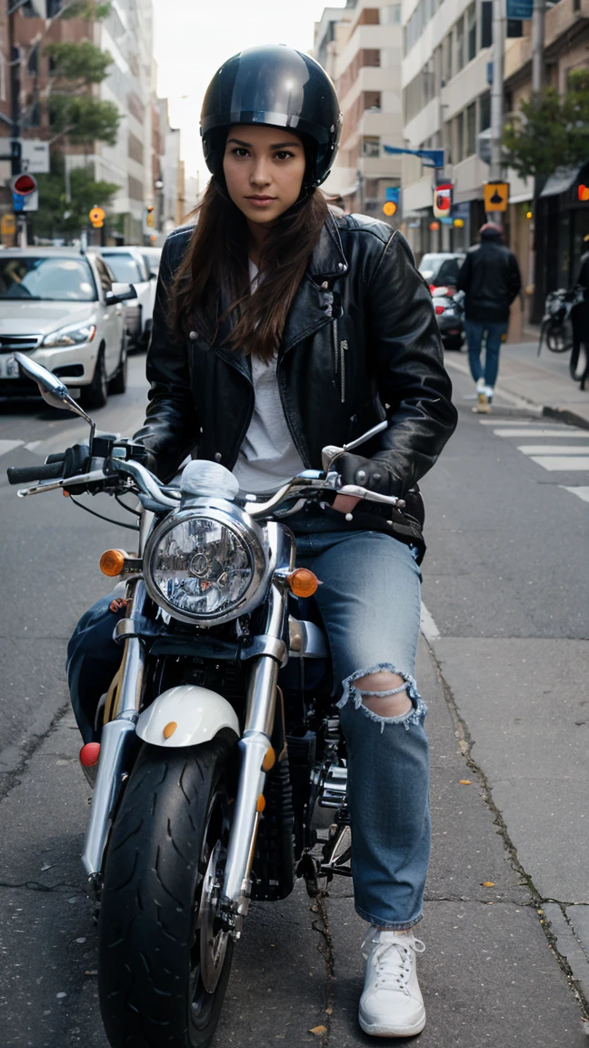 Girl riding motorcycle, street, motorcycle helmet, jacket, blue jeans, shoes, 