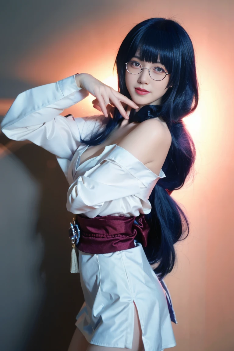 best quality, tmasterpiece,Ultra-high resolution,Clear face,（Reality：1.4），ferpect lighting，(upper body photo), (photorealistic:1.50), anime wallpaper, Guviz style artwork, cover-up fantasy up to magic , by Yang J, Guviz, beautiful artwork illustration, beautiful digital artwork, beautiful digital illustration, Li Song, beautiful anime portrait, art style in Beauvot, 1girl, Slim Belly Beauty: 1.3, (medium Breasts: 1.2), Double Eyelids, Smile, Home, long hair, Ponytail hair, purple hair, (Glasses), bangs, White dress, Bare shoulders, (standing), upper body, smile, Inside the house, Glass, 