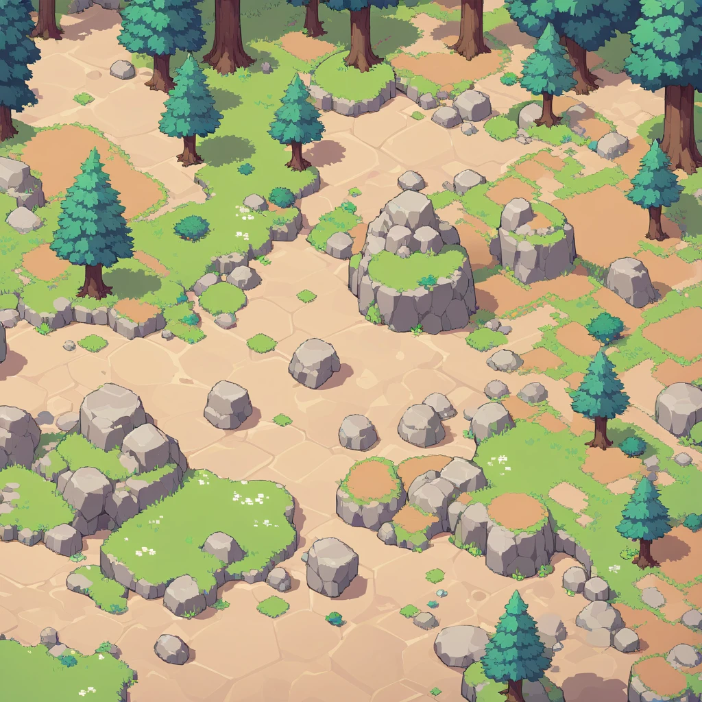retro video game style,pixelated, vibrant pastel colors,8-bit characters,blocky shapes,sharp lines,detailed shading,classic gaming vibe,nostalgic atmosphere,classic arcade games,masterpiece:1.2,ultra-detailed,illustration style, 2d texture, stone texture, 4 k seamless mud texture, video game texture, dirt texture, tileset, game tiles, grass, trees, rock texture, detailed trees, topdown view, game texture, game art, tileable texture, very detailed cliff texture, intricate stones, top down view, 3/4th perspective