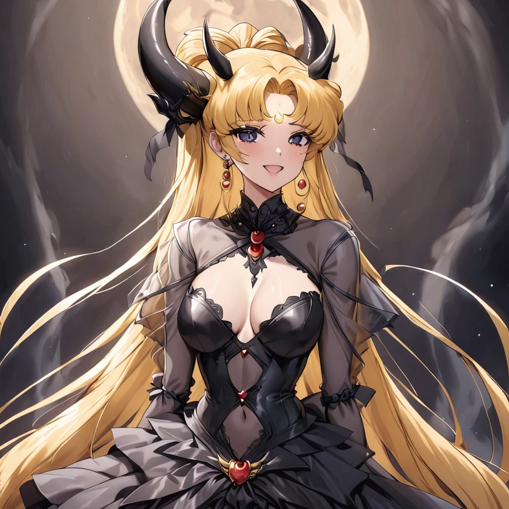 ((Highest quality)), ((masterpiece)), (detailed), (Perfect Face)、The woman is the bride of the Demon King, the Dark Queen of the Black Moon of the Black Moon Clan, the Demon Queen Black Serenity, and the woman is the jet-black, sexy demon princess Serenity.、The woman is a jet-black female demon with magnificent devil horns, jet-black devil wings, and a jet-black tail. Her skin is jet-black, and she has a black inverted crescent moon mark on her forehead. Her gorgeous black skin is visible through her black see-through Gothic Victorian wedding dress, black wedding veil, and black see-through cape. She is a demon bride, the jet-black demon Princess Serenity, and has blonde hair, looking at the camera with a happy expression.2The expression of a girl in love with her long hair tied up、Woman is Black Serenity