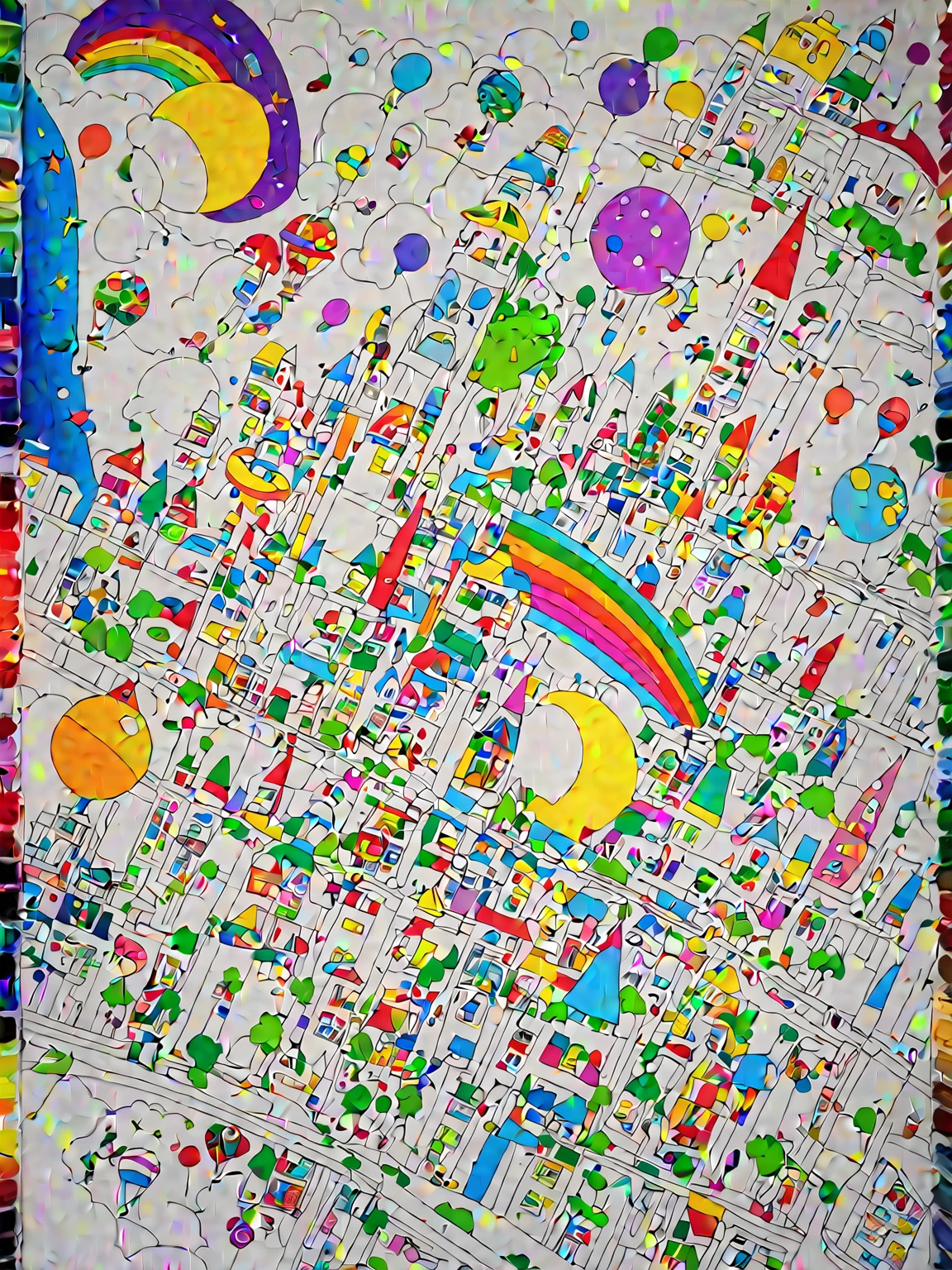 A painting,I drew a bunch of different things., Fill all with color,children's artwork, child, futuristic city, Children's drawings, Will magic, Beautiful little girl, Happy smiling face, Rich colors, Children's fantasies, child画, artwork