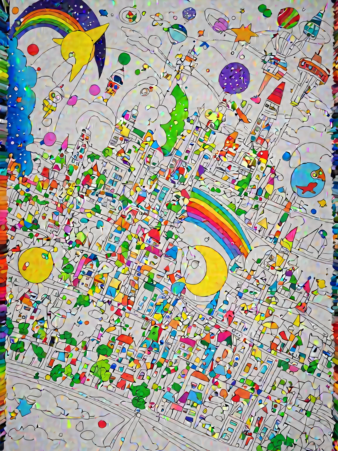 A painting,I drew a bunch of different things., Fill all with color,children's artwork, child, futuristic city, Children's drawings, Will magic, Beautiful little girl, Happy smiling face, Rich colors, Children's fantasies, child画, artwork