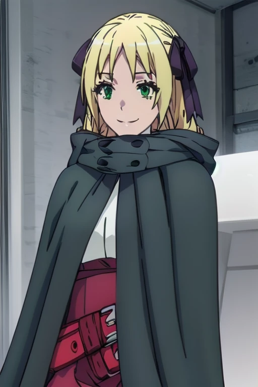 Solo, 1girl, esther rosenthal, smile, long hair, blonde hair, (green eyes:1.5), mole, mole under eye, black ribbon, black bow, hair ribbon, skirt, black cloak, cape, best quality, city 