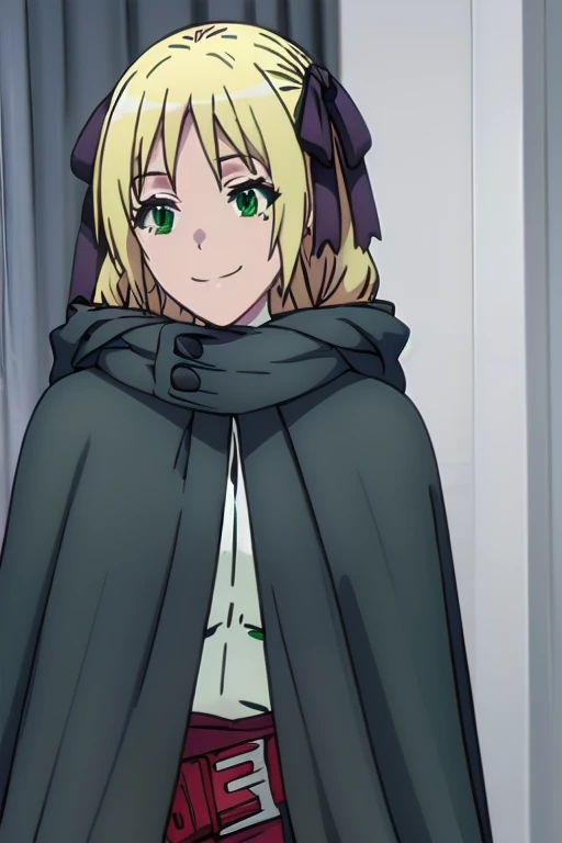 Solo, 1girl, esther rosenthal, smile, long hair, blonde hair, (green eyes:1.5), mole, mole under eye, black ribbon, black bow, hair ribbon, skirt, black cloak, cape, best quality, city