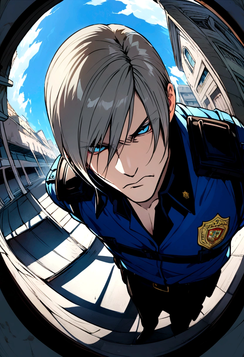 (pointed chin,male character,Leon Kennedy,Resident Evil,blue colored eyes,silver hair,uniforme policial,serious expression, Looking away from the camera,Fisheye Lense)