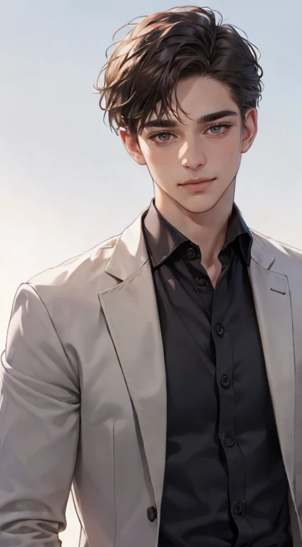 a mature, charming young man, 36 years old, with dark grey eyes, short right-swept dark brown hair, thick eyebrows, wearing a suit, in a quiet, smile in love expression, gazing at the audience, against a plain background with cinematic lighting, (best quality, 4k, 8k, highres, masterpiece:1.2), ultra-detailed, (realistic, photorealistic, photo-realistic:1.37), detective