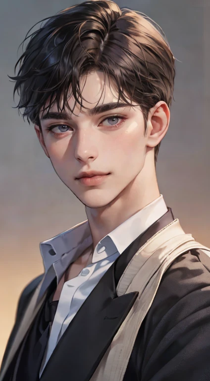 a mature, charming young man, 36 years old, with dark grey eyes, short right-swept dark brown hair, thick eyebrows, wearing a suit, in a quiet, smile in love expression, gazing at the audience, against a plain background with cinematic lighting, (best quality, 4k, 8k, highres, masterpiece:1.2), ultra-detailed, (realistic, photorealistic, photo-realistic:1.37), detective