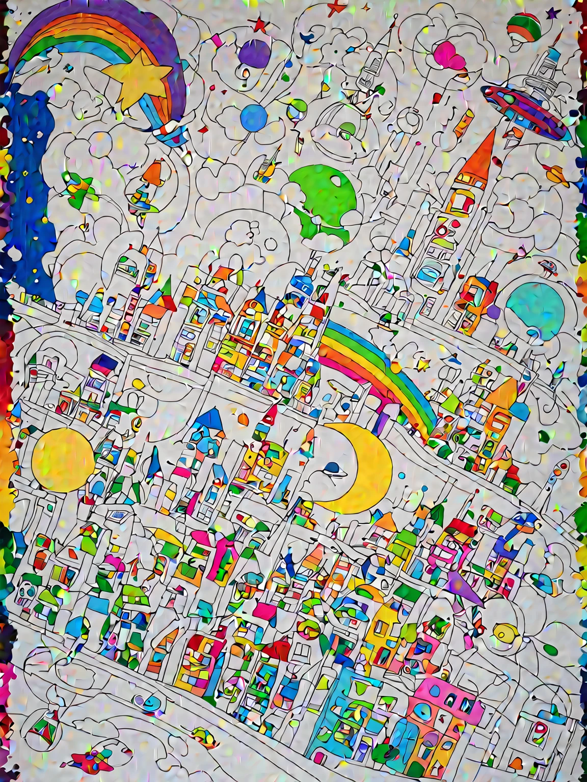 A painting,I drew a bunch of different things., Fill all with color,children's artwork, child, futuristic city, Children's drawings, Will magic, Beautiful little girl, Happy smiling face, Rich colors, Children's fantasies, child画, artwork