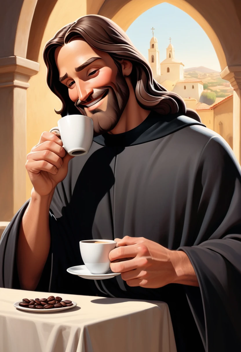 Animated series in the style of Bruce Timm, figura masculina, Jesus Christ drinking coffee, Grinning, dressed in a cassock, in a calm, relaxed pose. (perfect hands)