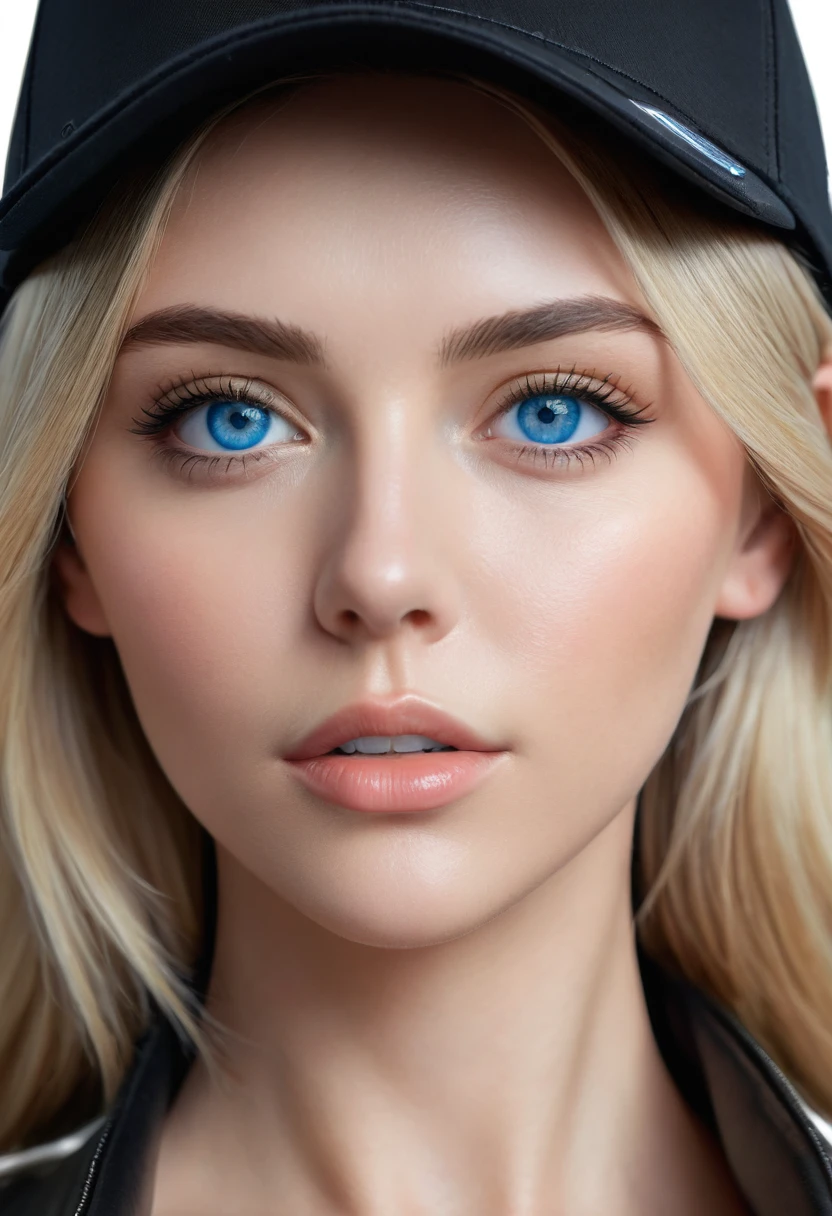 Blonde woman with blue eyes, wearing a black cap on his head (blunt cap image, full image of the cap) and a black jacket, portrait ultra detailed, perfect face detailed, Focus on her face, very high quality face, face detailed, soft portrait photographed in 8k, Extremely beautiful face, detailed perfect face, real face detailed, perfectly lit face, close up face, ultra face detailed, close-up face and cap on head detailed