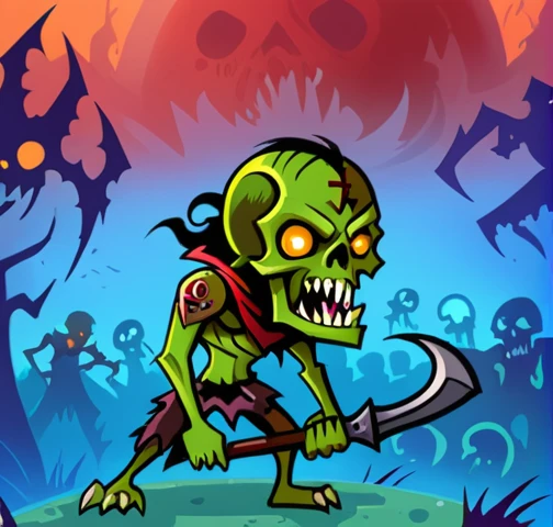 monster, zombie , fantasy weapon, game character, cartoon, background with other zombies 