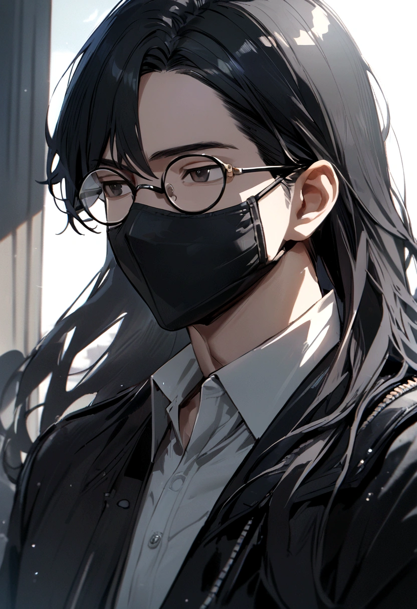 Boy,round glasses,neck length hair,black hair,black facemask,black jacket,white undershirt