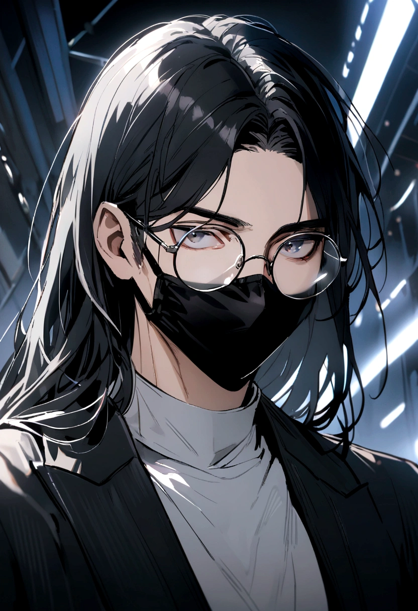 Boy,round glasses,neck length hair,black hair,black facemask,black jacket,white undershirt 