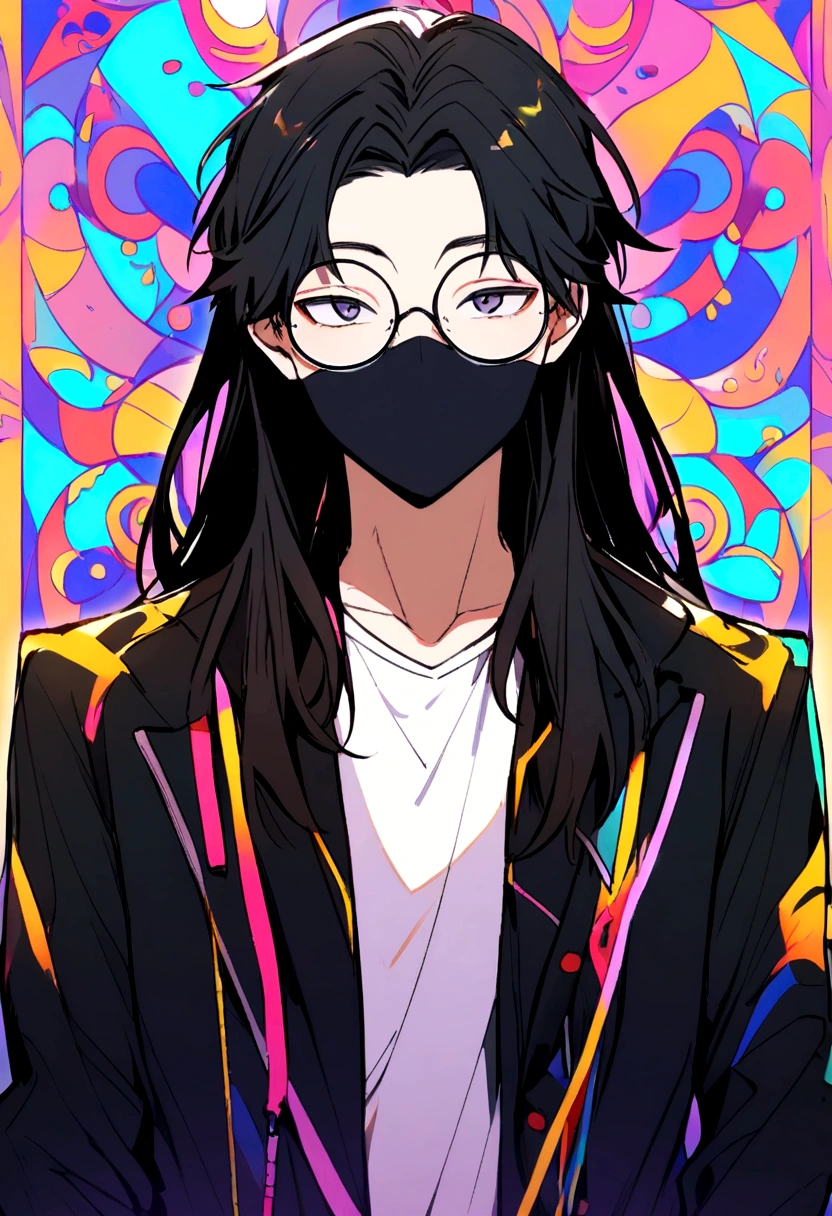 Boy,round glasses,neck length hair,black hair,black facemask,black jacket,white undershirt