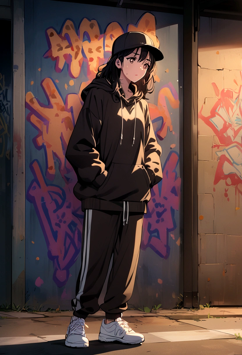 messy black hair, dark brown eyes, black hat, long hoodie, sweatpants, white tennis shoes, behind graffiti at night