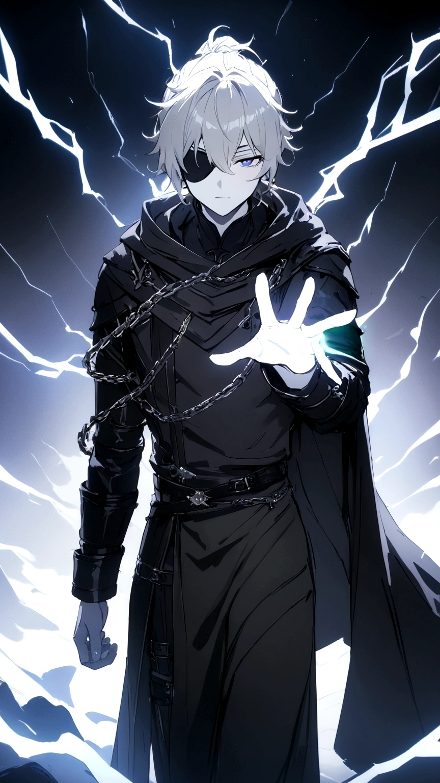 Anime character. A man, he was medieval. 27 years old, large body, cold gaze, cold expression, white skin, short and messy gray hair, ponytail, left eye patch, black clothes, black shirt, dark cape with hood, several chains. frontal camera. Walking under the red moonlight. White electricity emanating from his body, black electricity emanating from his left hand. Iris of the right eye glowing white. Thunderous white lightning. (best quality, 4k, 8k, high resolution, masterpiece: 1.2)
