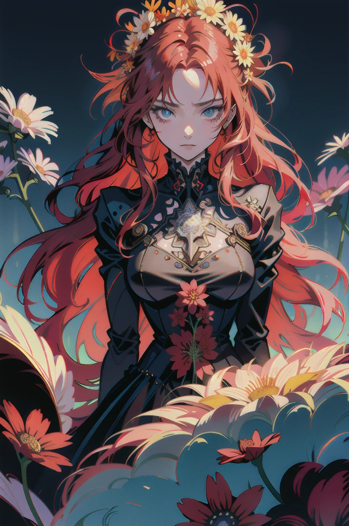 Exquisite and charming anime style illustration, alucard fusão com sarada dark fênix in the daisy flower bed, a beautiful girl with red hair, blue eyes, half body, hiding in the flowers dark black , colorful and dazzling black . Intricate details, rendering and painting techniques come together to create a mesmerizing scene that evokes elegance and otherworldly elegance.