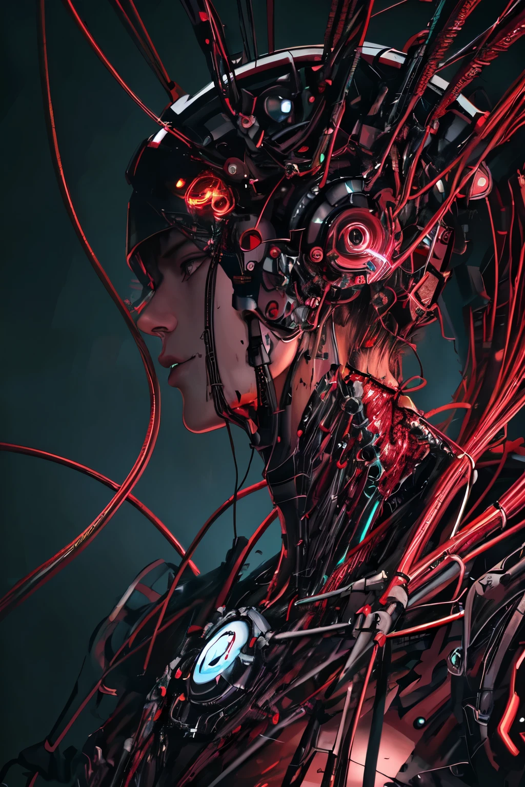 1机械女孩,((Ultra-realistic details)), portrait, Global Illumination, shadow, Octane Rendering, 8K, Extremely sharp,Metal,complex, Accessory details, Cool colors, Egyptian details, highly complex details, Realistic lighting, Popular on CGsociety, Glowing eyes, Face the camera, Neon light details, Mechanical limbs,Blood vessels connected to the tubes,A mechanical vertebrae attached to the back,Mechanical cervical fixation,sit,Wires and cables to the head
