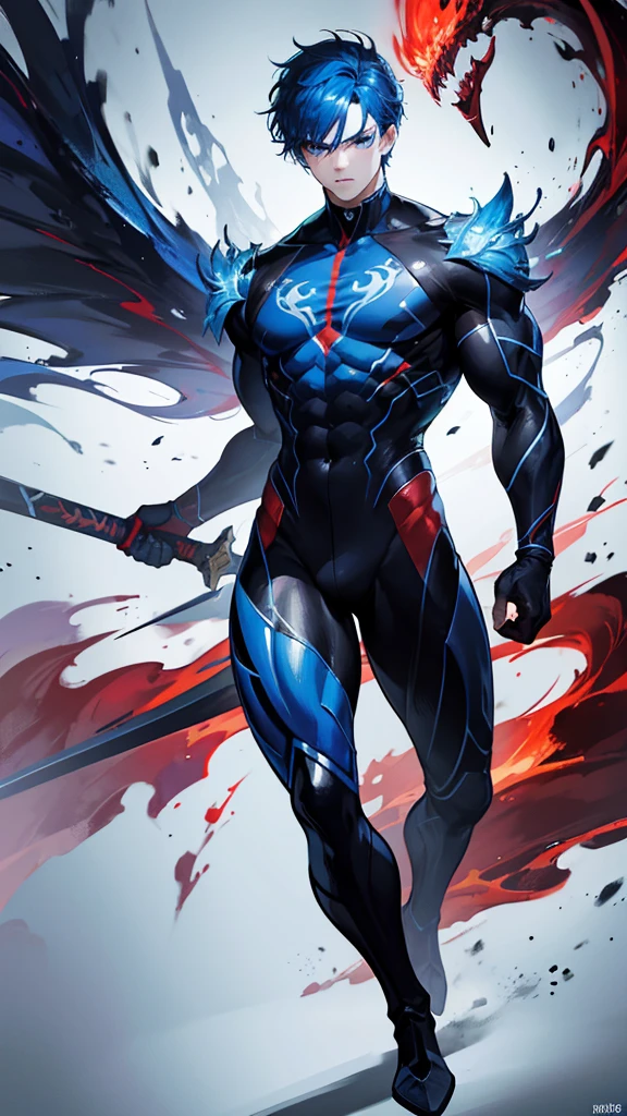 A muscular boy with intense blue hair, swinging a fiery sword, eyes glowing with red fire, angry expression, fighting a demonic creature, wearing a sleek black suit, (best quality,4k,8k,highres,masterpiece:1.2),ultra-detailed,(realistic,photorealistic,photo-realistic:1.37),digital painting, cinematic lighting, highly detailed, dramatic composition, vibrant colors, dynamic pose