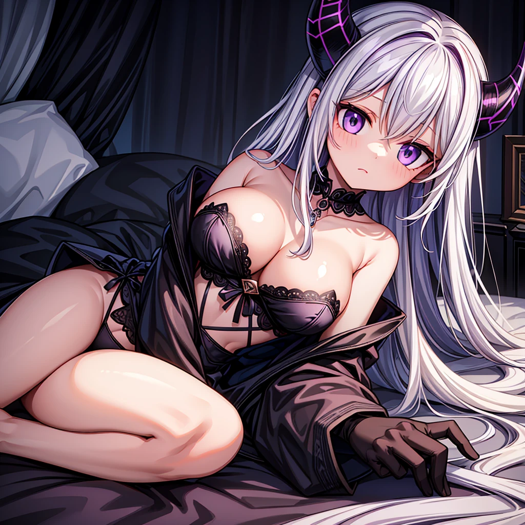 a girl with long white hair, purple eyes, sexy, sensual,black goat horns,voluptuous, wearing black lingerie, lying on her bed, in a dark room,sleeping