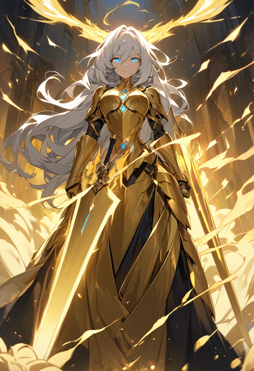 woman, god, god eyes, blue eyes, glowing eyes, yellow aura, golden armor, windy hair, long hair, white hair, glowing hair, hold a giant sword