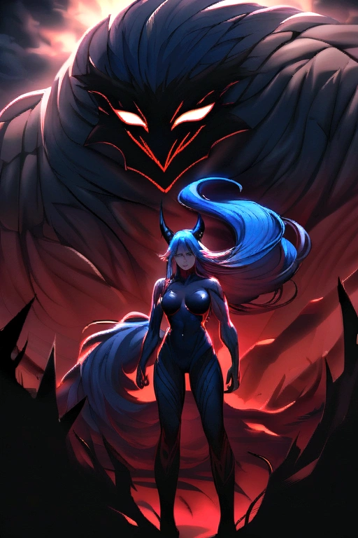 Create a woman with long blue hair, Dark Horns, Eyes red, dark tail of sea beast, his entire body is covered in darkness with red details, she has a serious face, and athletic and muscular body but normal medium breasts covered in darkness