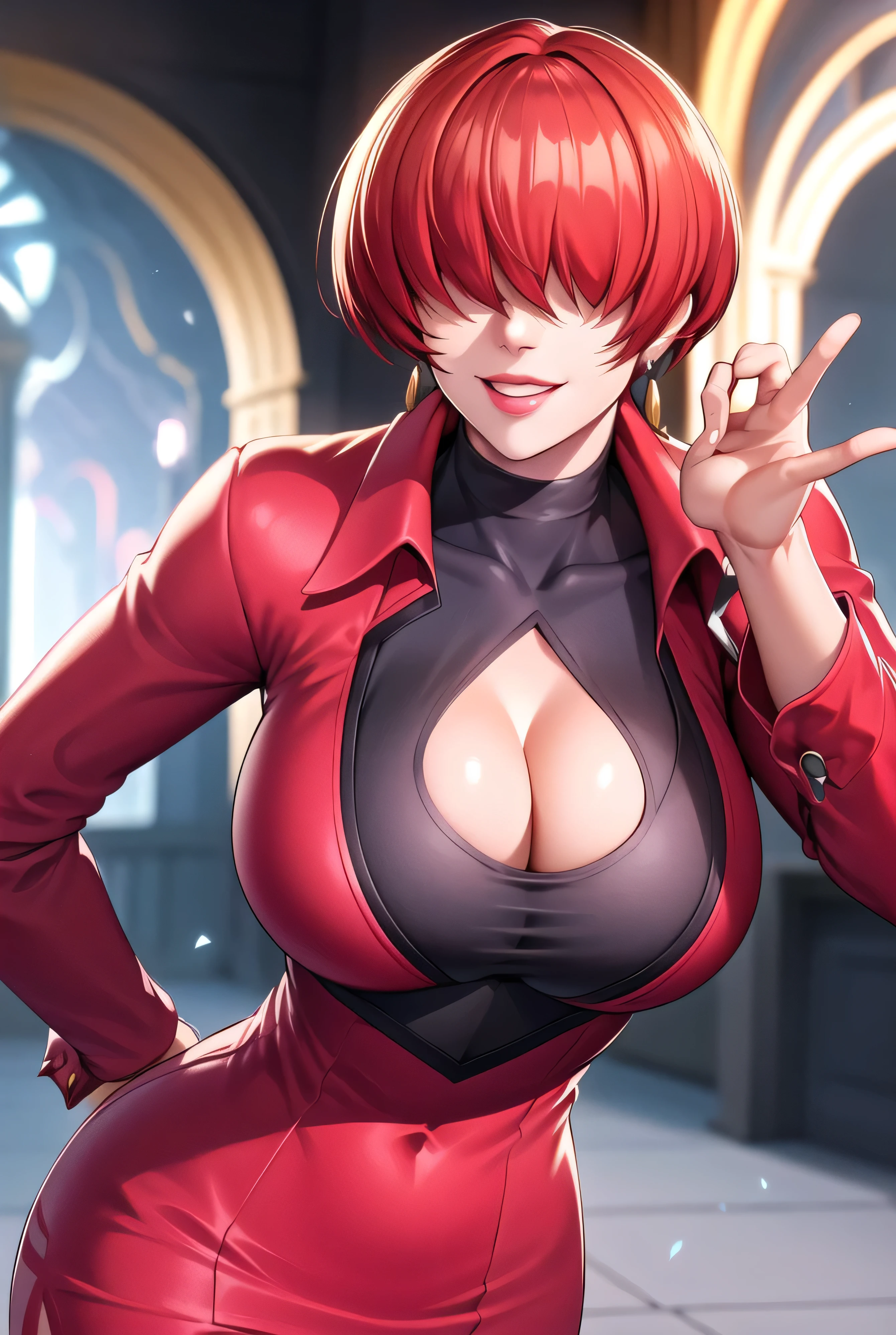 ,
Red outfit,Red jacket,choker, cleavage cutout, clothing cutout,
earrings,
Red hair,bangs,((hair over eyes)),
1 girl, 20yo,Young female,Beautiful Finger,Beautiful long legs,Beautiful body,Beautiful Nose,Beautiful character design, evil face,
looking down at viewer,(Focus on her face),too evil_Smile,
official art,extremely detailed CG unity 8k wallpaper, perfect lighting,Colorful, Bright_Front_face_Lighting,shiny skin,
(masterpiece:1.0),(best_quality:1.0), ultra high res,4K,ultra-detailed,
photography, 8K, HDR, highres, absurdres:1.2, Kodak portra 400, film grain, , bokeh:1.2, lens flare, (vibrant_color:1.2),professional photograph,
(Beautiful,large_Breasts:1.4), (beautiful_face:1.5),(narrow_waist),conceit,smile worst,worst ridecule,evil moukery,hand on hip,upper body,two hand,raiging a lightning