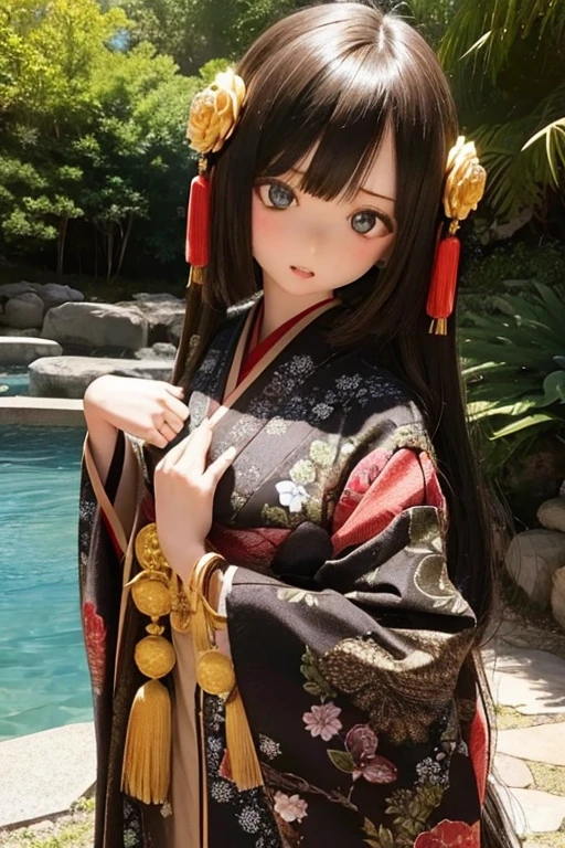 photorealistic, realistic photo, ((highest quality)), ((masterpiece)), detailed, kukolnydom, doll, (mature woman, 22yo, 22 years old:1.6), solo, ((cowboy shot, standing, hands on stomach, skinny, slender, slim, parted lips)), green eyes, black hair, long hair, (looking at another, blank eyes, empty eyes, detailed eyes, detailed face:1.3), kimono, kanzashi, Japanese garden, 8k