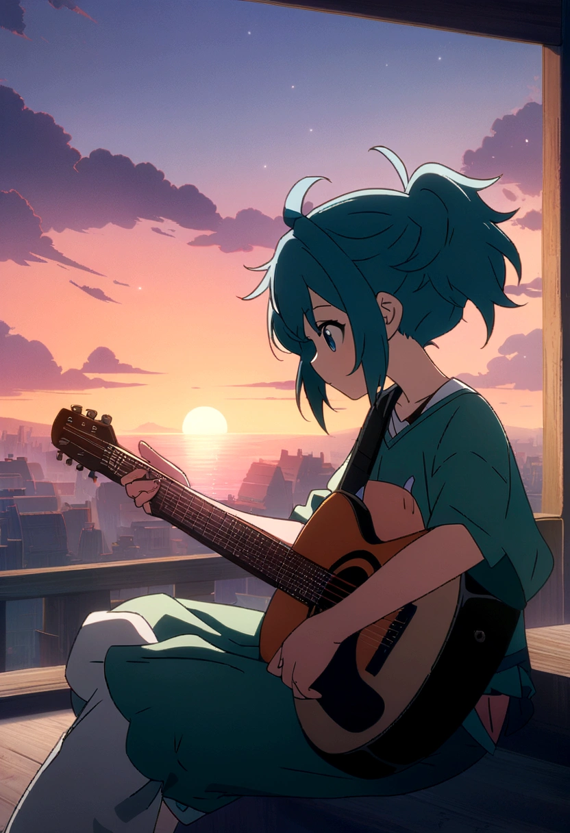 Anime boy sitting on the shelf and playing guitar at sunset, Anime Art Wallpapers 8K, anime art wallpaper 4k, anime art wallpaper 4k, Anime Style 4K, anime wallpaper 4k, anime wallpaper 4k, anime wallpaper 4k, Manga Wallpaper, 4K Wallpaper, Makoto Shinkai Cyril Roland, Girl playing guitar, Lo-fi Girl