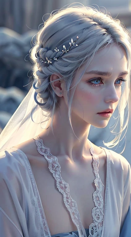 delicate man, 29-years-old, grayish white hair, longer section of hair on the side, ice blue eyes, scar on cheek, wears traditional clothes with lace applications, pale hair, beautiful blue eyes.