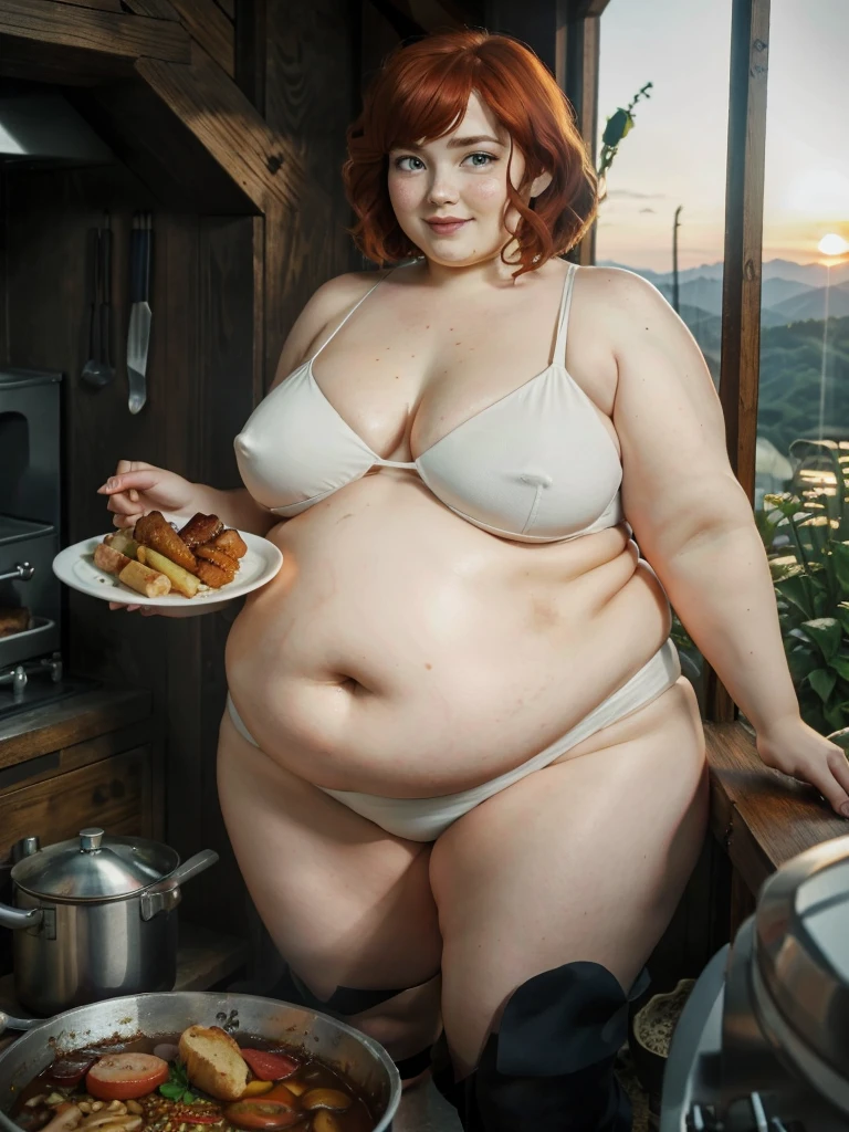 A happy photo of a young beautiful redhead wife bbw with short ginger hair soft fat belly, wide fat obese hips, thick fat legs and fat arms, cute pretty face, blue eyes, freckles, in sime white underwear , cooking goulash in a cauldron with a fire place below it in the garden cooking place, there is a table with a lot of delicious foods meats and bread on it, at sunset