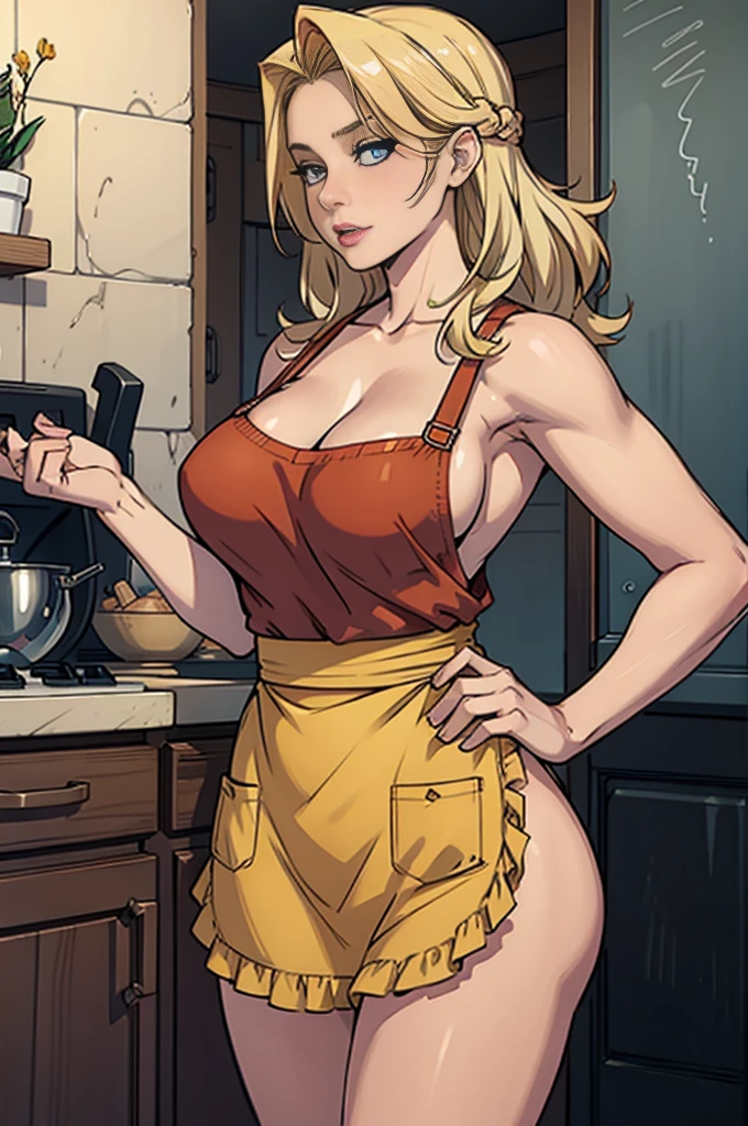 a sandy blonde busty middle aged house wife wearing an apron
